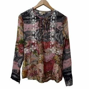 All About Her Womens Embroidered Floral Semi Sheer Blouse Size M Boho Peasant